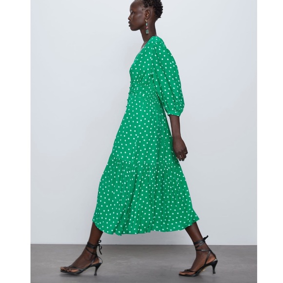 NWT Zara Green & White Polka Dot Satin Midi Dress - Picture 8 of 10
